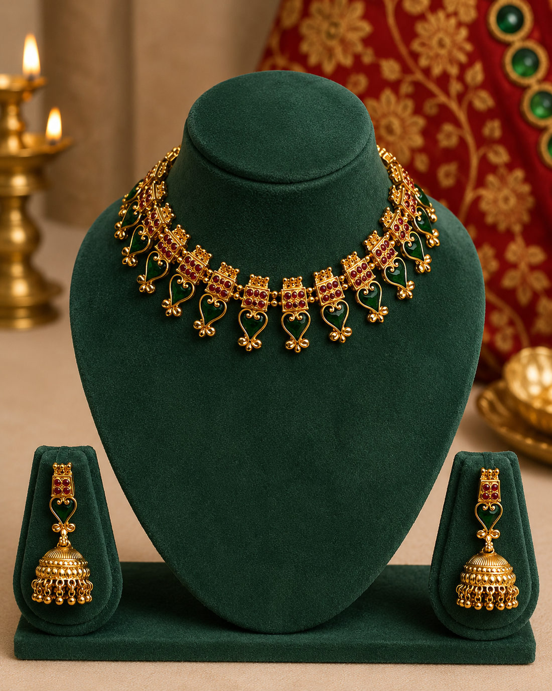 Antique Gold Ruby Kemp Square Motif Necklace Set with Jhumka Earrings | ONK109