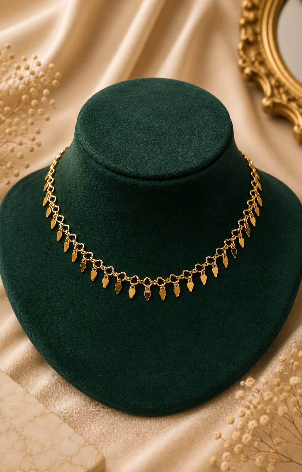 A woman wearing a gold leaf choker necklace and matching gold stud earrings, paired with a shimmering champagne-colored blouse.