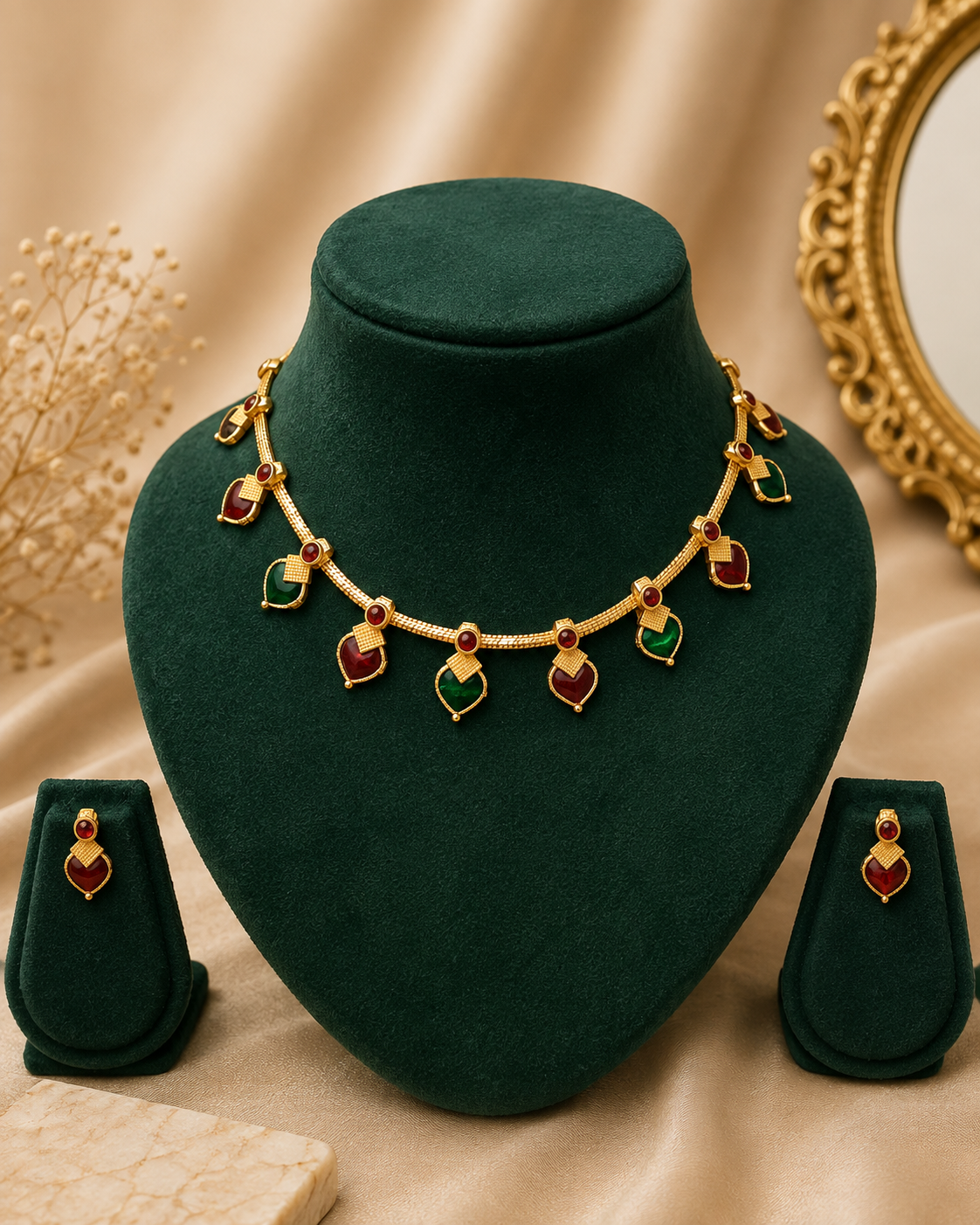 Gold Ruby & Emerald Teardrop Fringe Necklace Set with Drop Earrings | L14010
