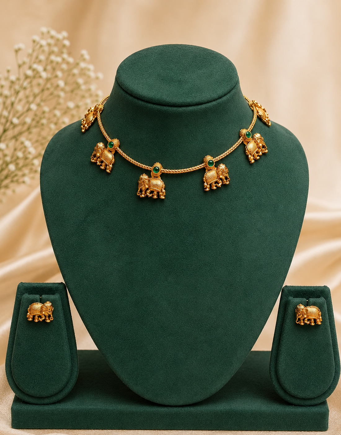Gold Elephant Temple Necklace Set with Green Stone Earrings | ONK142