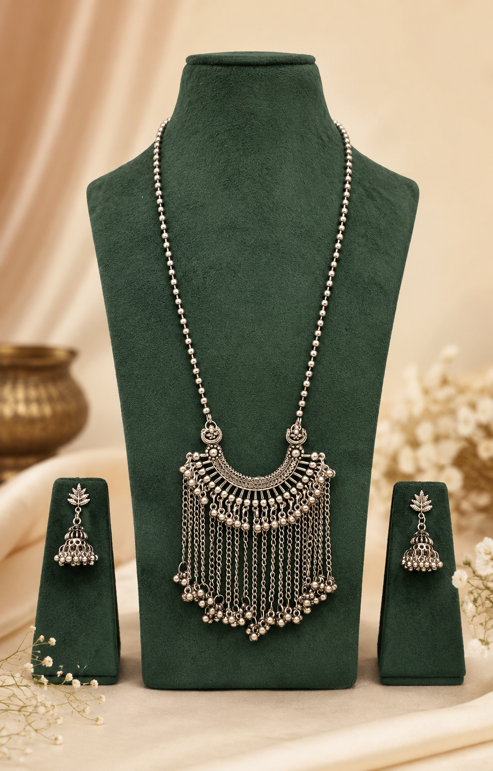 Oxidised Silver Crescent Tassel Long Necklace & Jhumka Set | OLT13