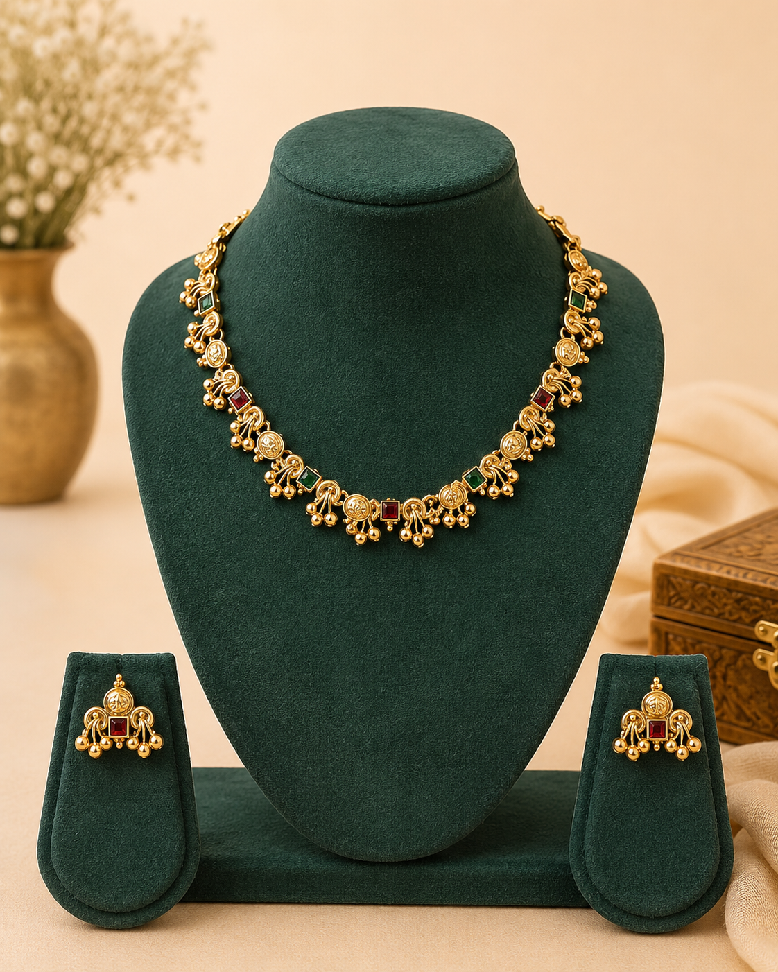 Gold-toned traditional jewelry set displayed on a dark green velvet jewelry bust, including a necklace, matching earrings, and a small stand, with a beige background and decorative props.