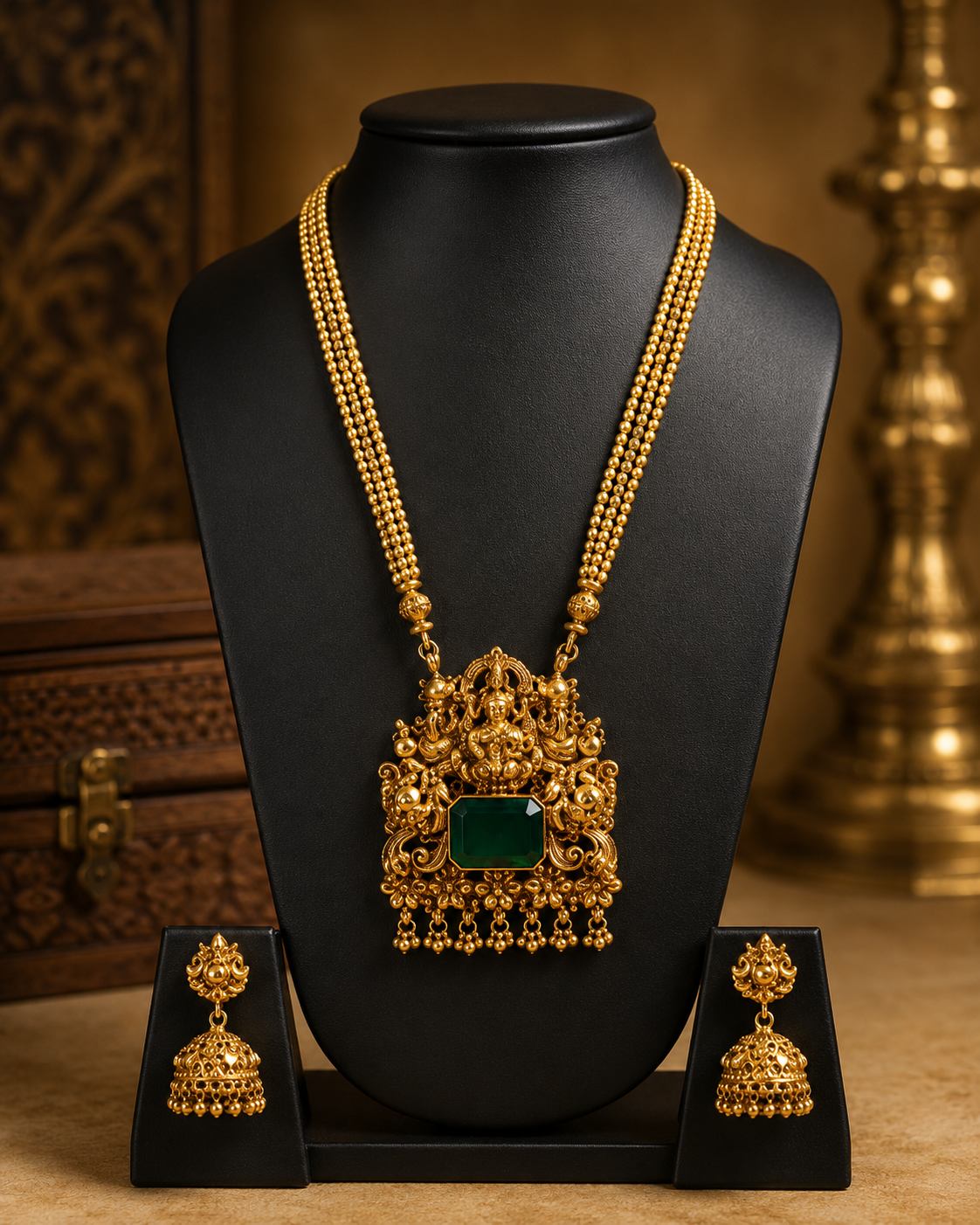 An ornate gold-toned traditional necklace with a matching pair of earrings displayed on black stands against a warm, decorative background. The necklace features a detailed filigree pendant with a rectangular green stone centerpiece.