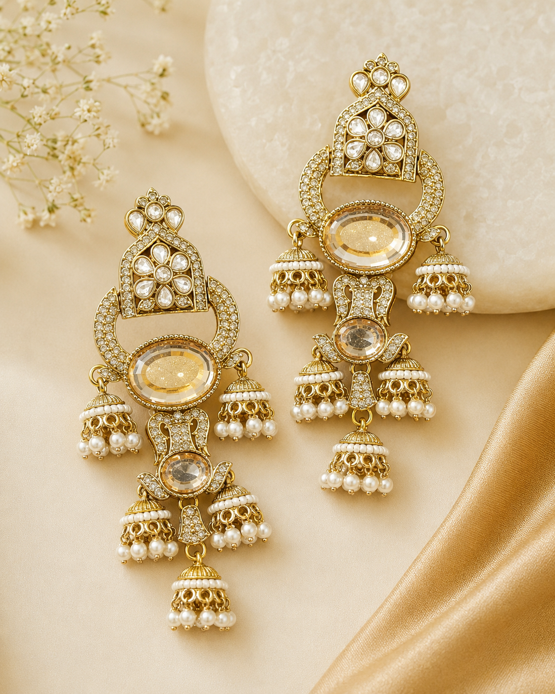 Gold Polki CZ Multi-Jhumka Chandelier Earrings | OLT94