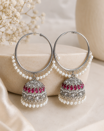 Silver Ruby Marquise Polki Large Hoop Jhumka Earrings | OLT154