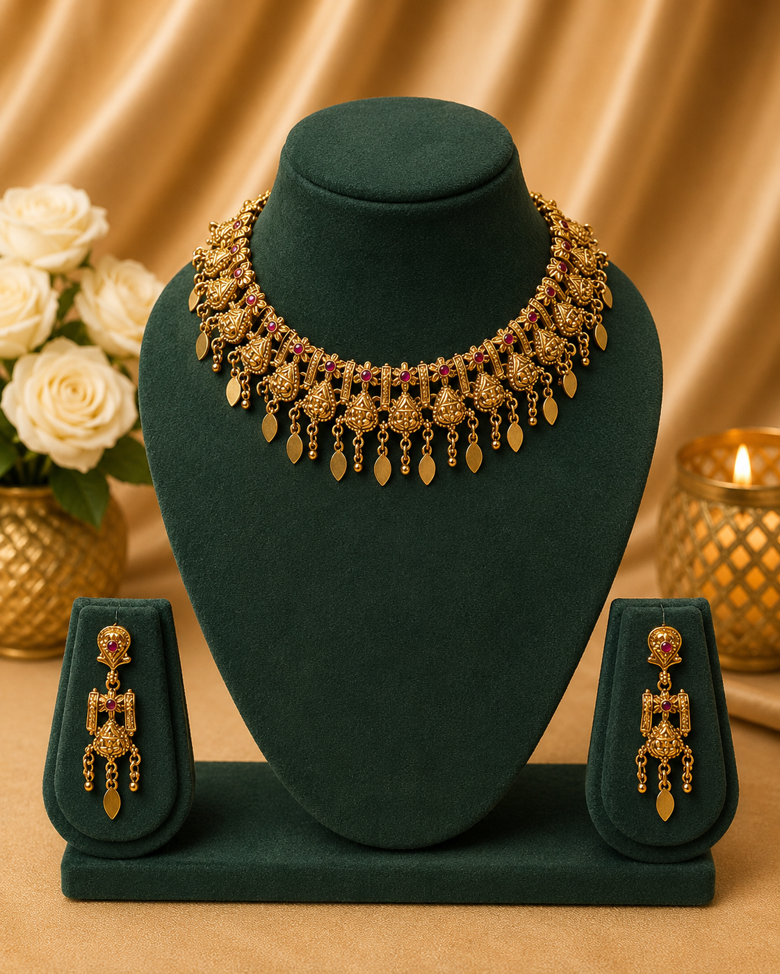 Gold-toned traditional jewelry set featuring a necklace and matching earrings displayed on a dark green velvet jewelry stand, with decorative white roses and a lit candle in the background.