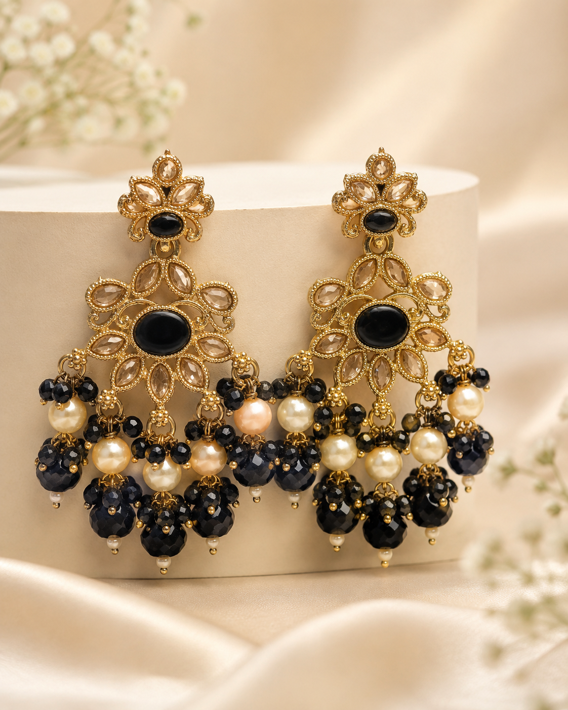 Gold Black Onyx Polki Kundan Filigree Chandelier Earrings with Pearl Crystal Drops | OLS13