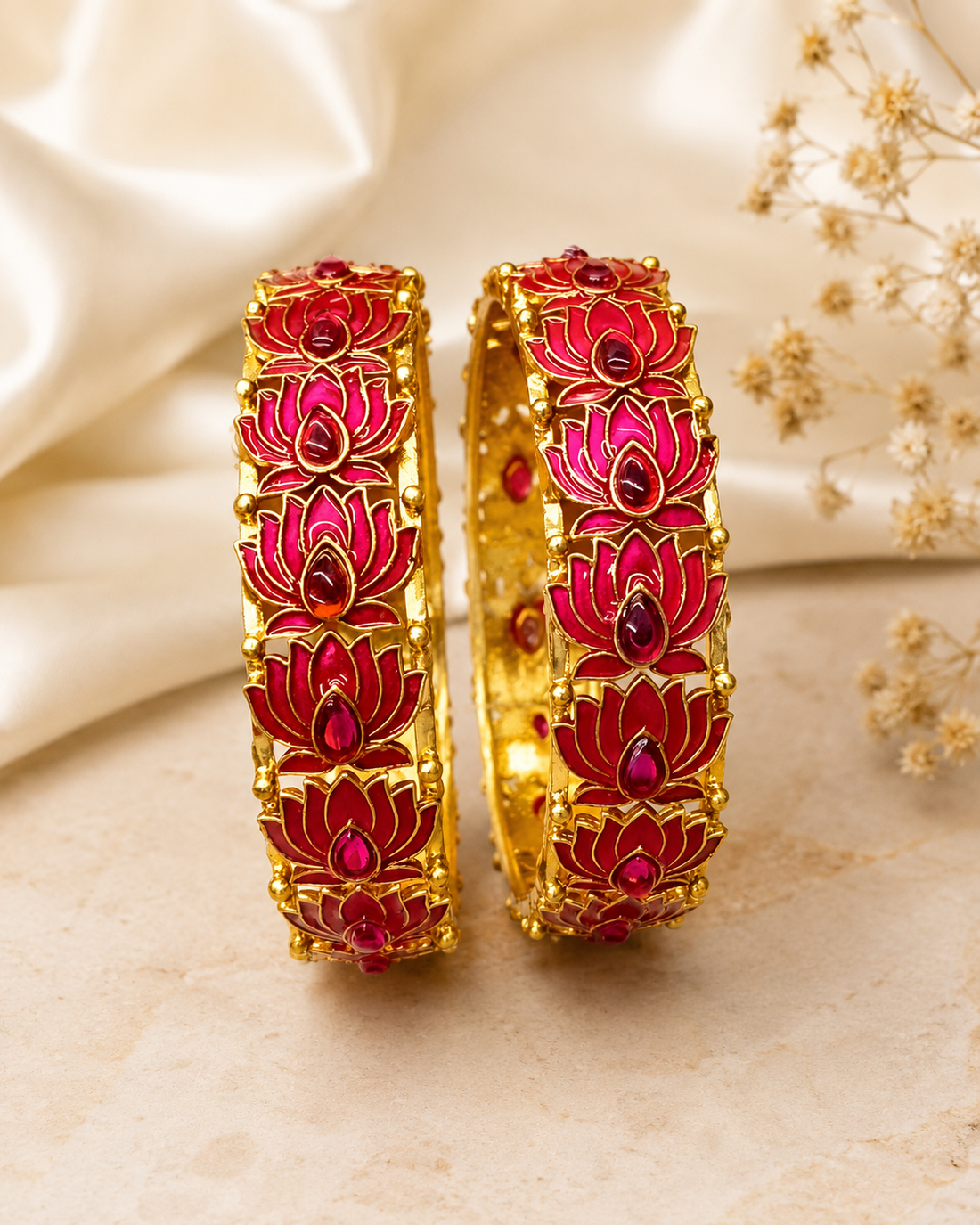Buy 1 Get 1 Free, Gold & Green Lotus Design Gold-Plated Bangle