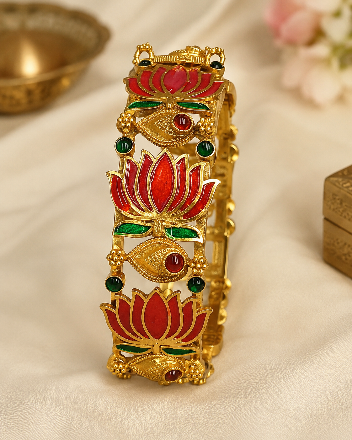 Buy 1 Get 1 Free, Red Meenakari Lotus Bangle – Antique Gold Temple Kada