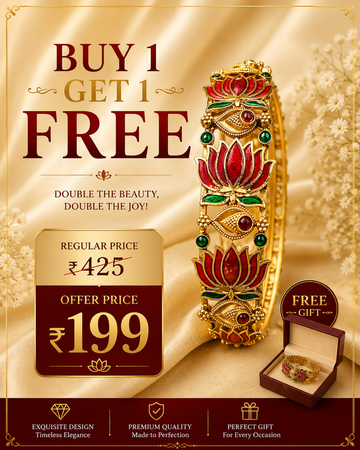 Buy 1 Get 1 Free, Red Meenakari Lotus Bangle – Antique Gold Temple Kada