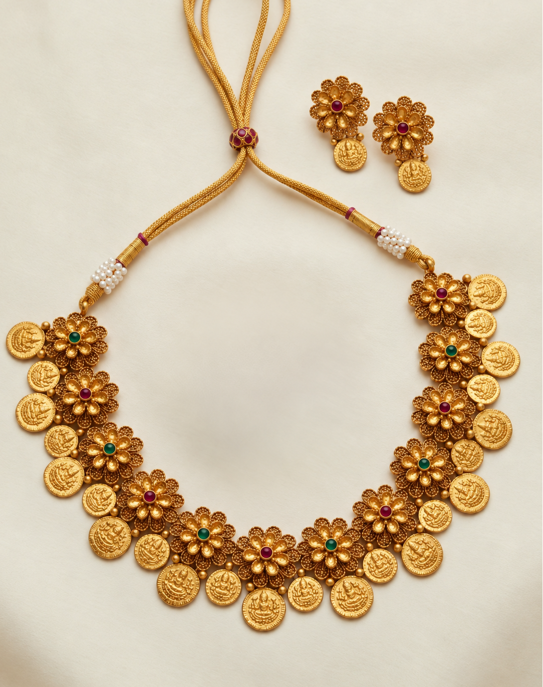 Kasu Flora Necklace & Earring Set | Divine Heritage Temple Collection | NK1131