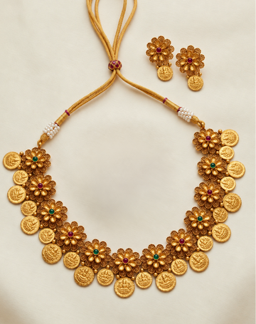 Kasu Flora Necklace & Earring Set | Divine Heritage Temple Collection | NK1131