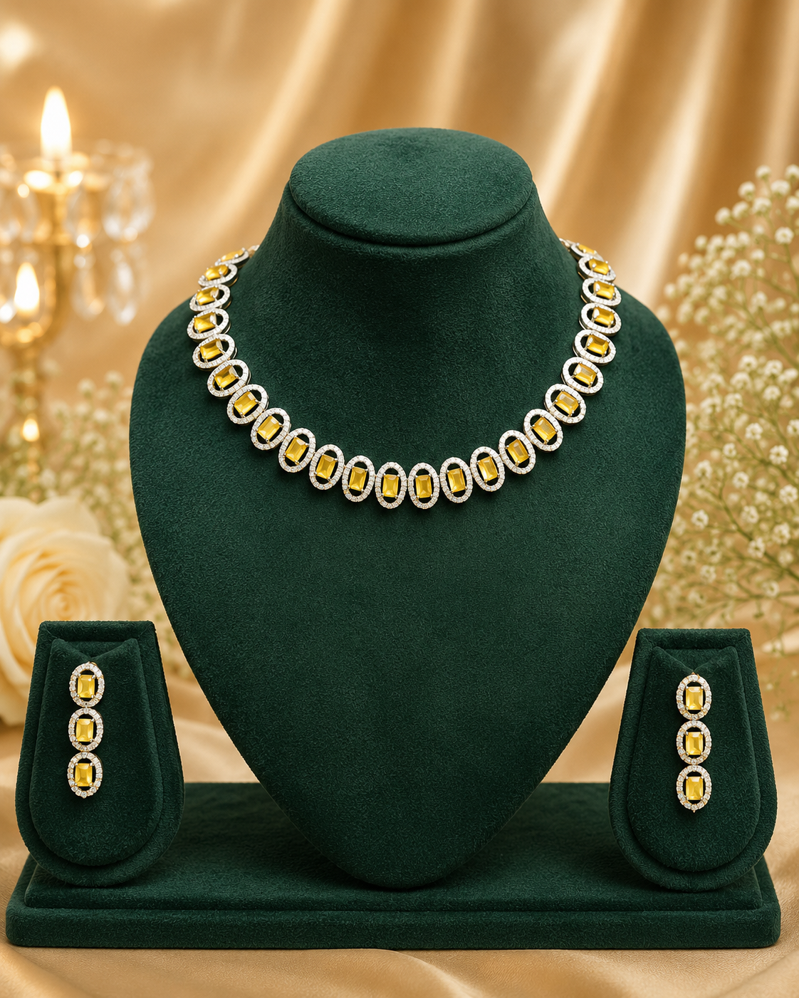 Yellow Stone American Diamond Necklace Set - AD1 | Llabel Fashion
