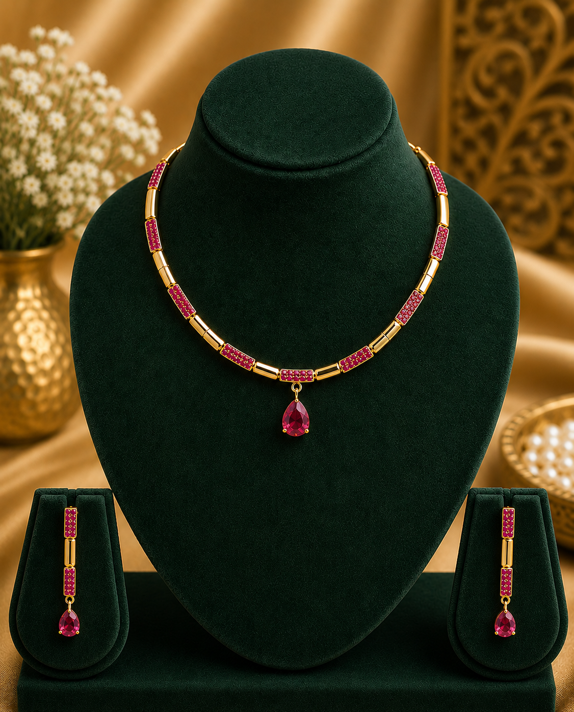 Gold CZ Bar Link Necklace Set with Ruby Teardrop Pendant | OG21