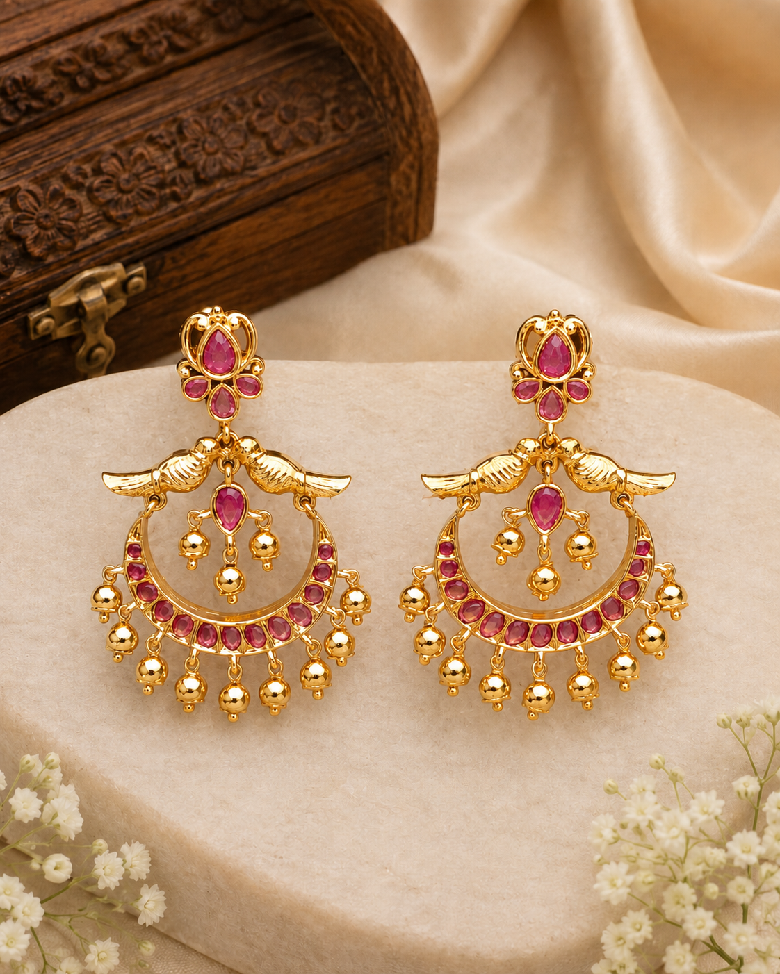 Antique Gold Peacock Chandbali Earrings with Ruby & Ghungroo | OG56