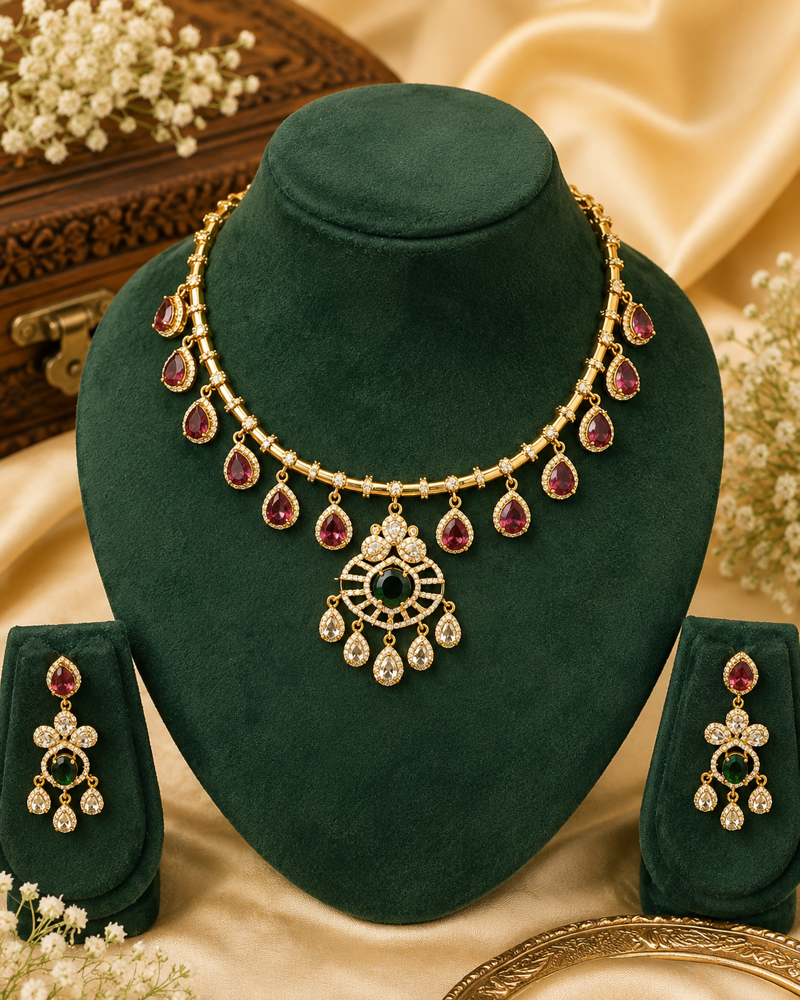Victorian Style Gold Ruby Choker Necklace Set with Emerald Sunburst Pendant | NKV14