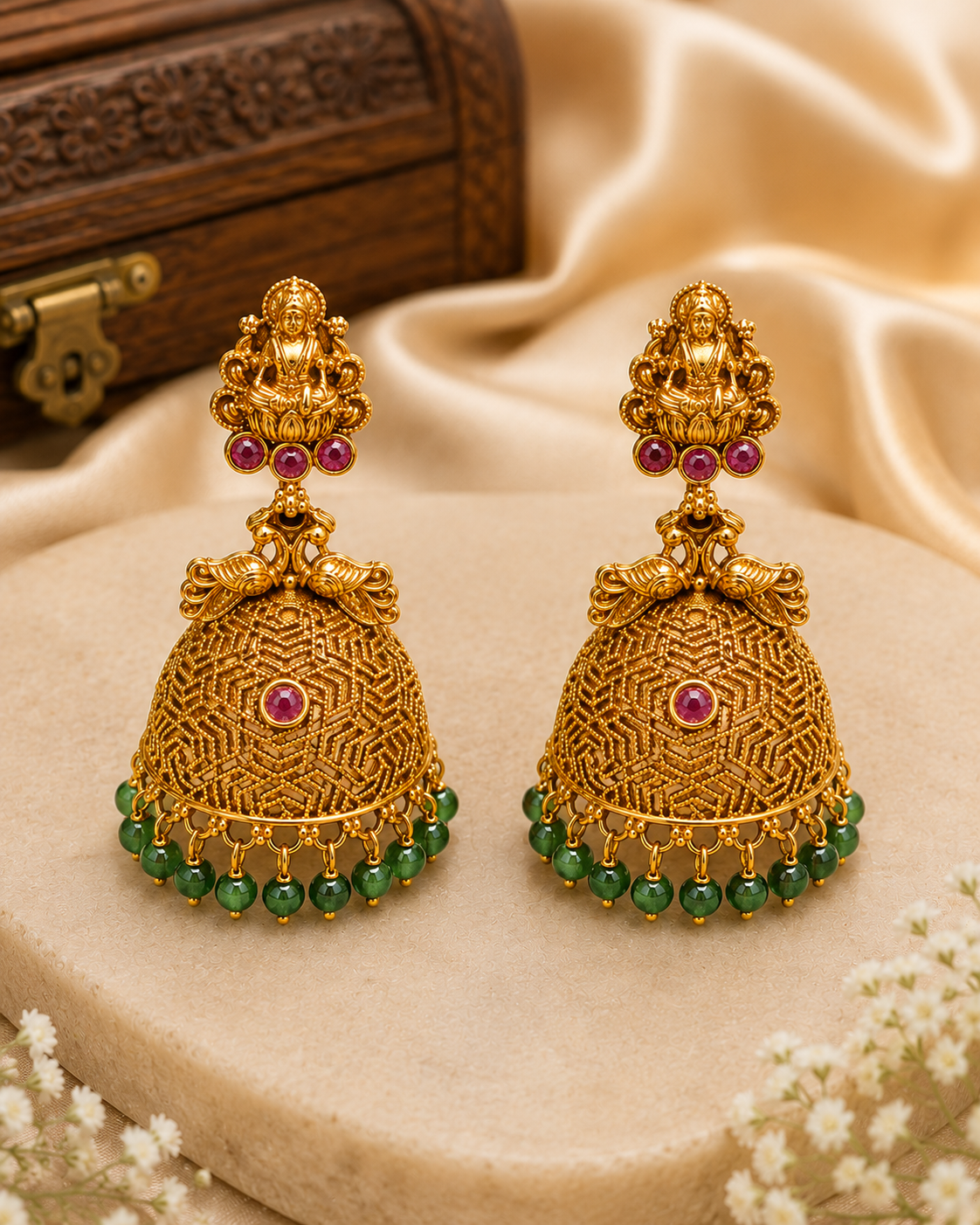 Antique Gold Lakshmi Jhumka Earrings with Emerald Bead Drops | OG59