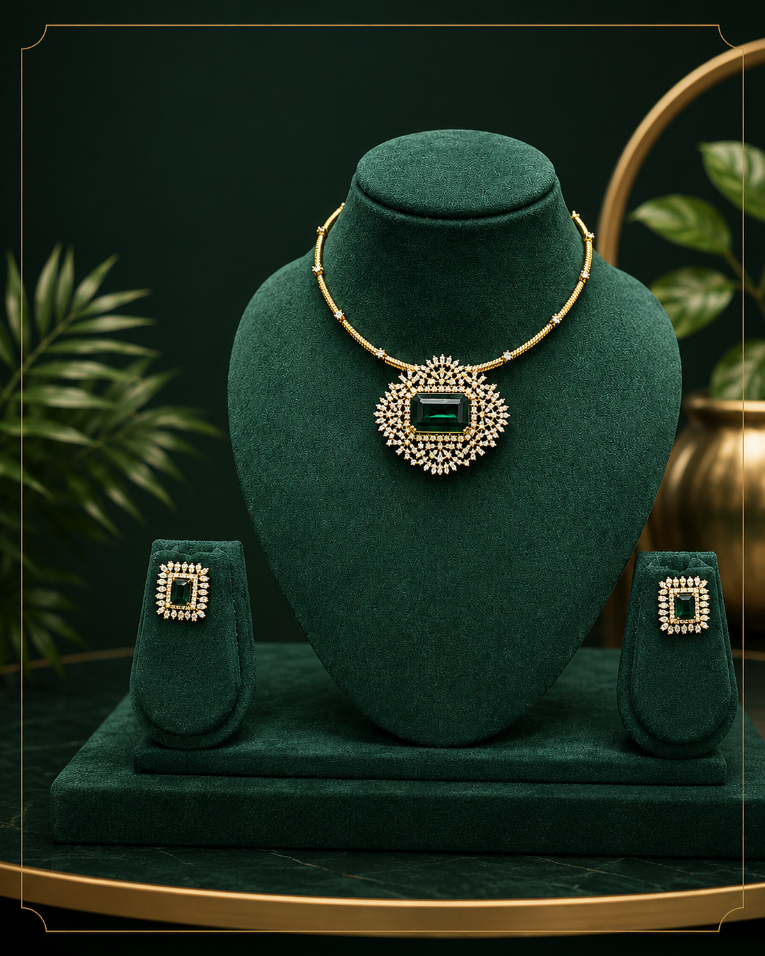 A woman wearing a dark green saree with a gold zari border and a matching gold necklace with a green stone pendant, photographed in a warm indoor setting.