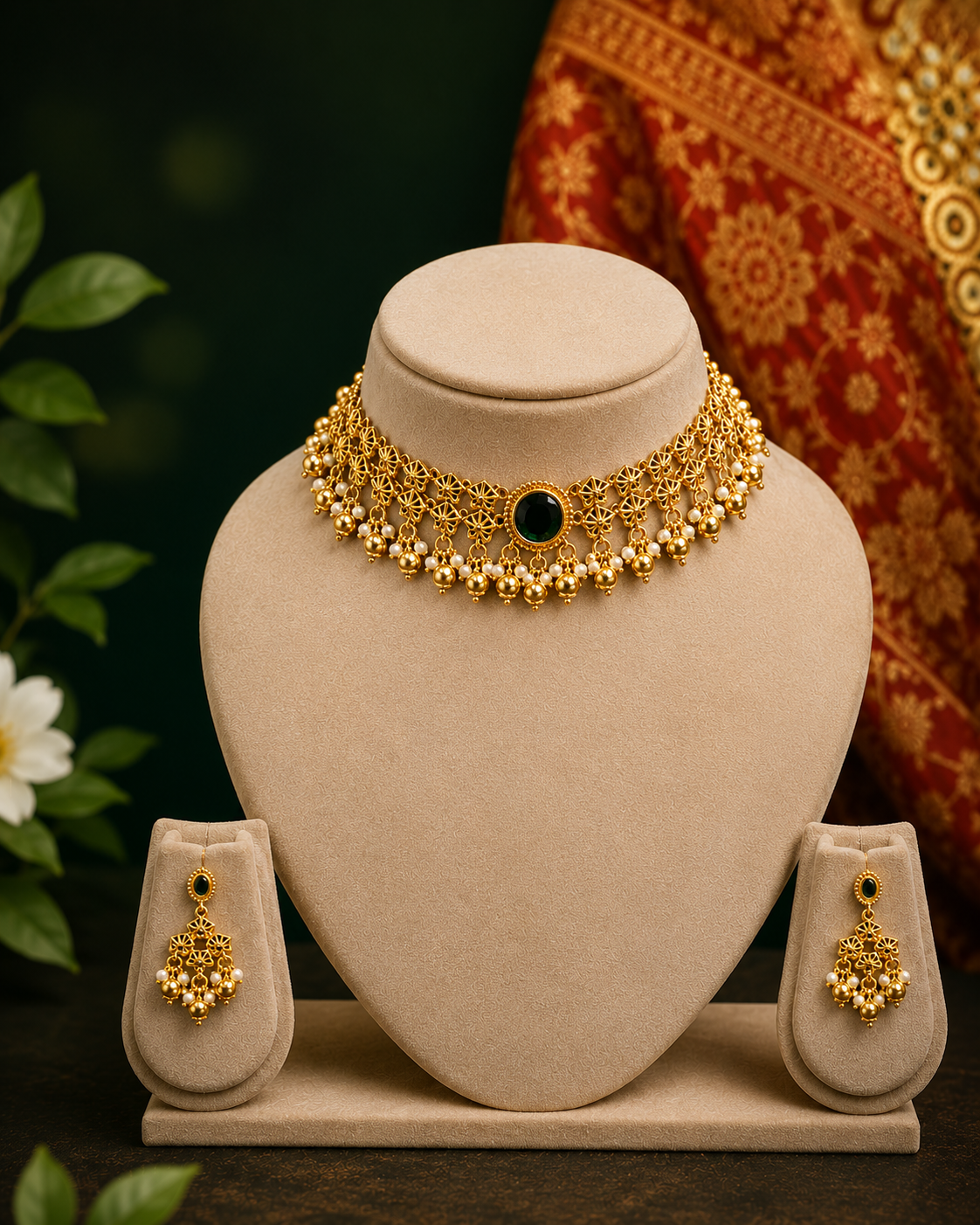 Gold Filigree Choker Necklace Set with Mint Green Jade Drops & Emerald Centre | ONK70