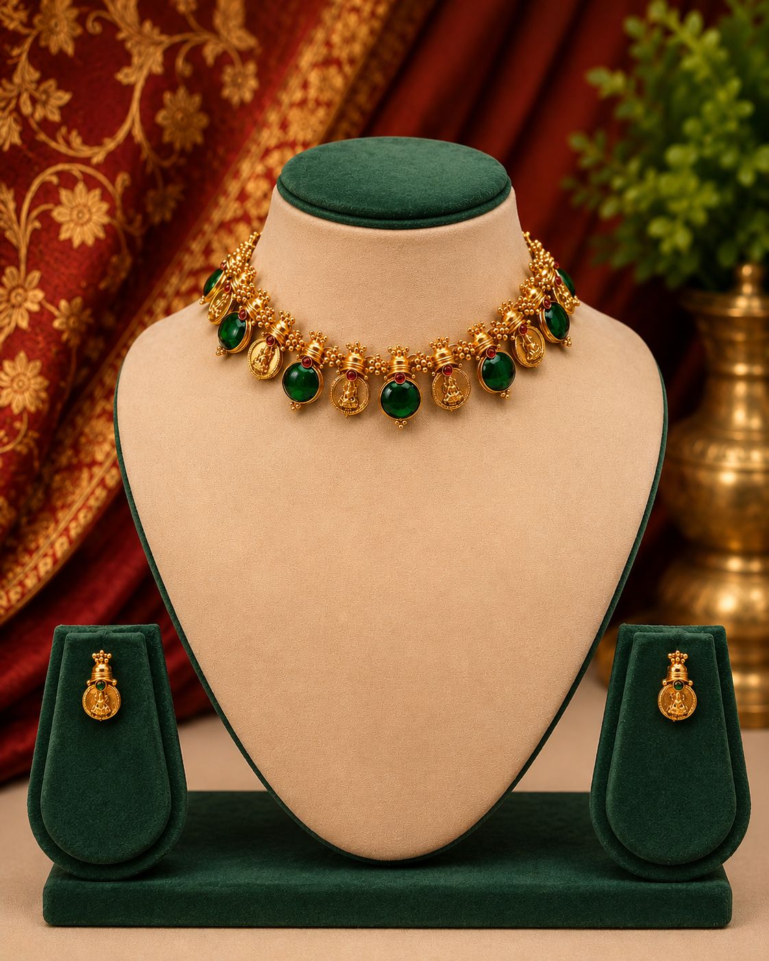 Antique Gold Lakshmi Coin Choker with Ruby Pink Stone Drops & Earrings | ONK219