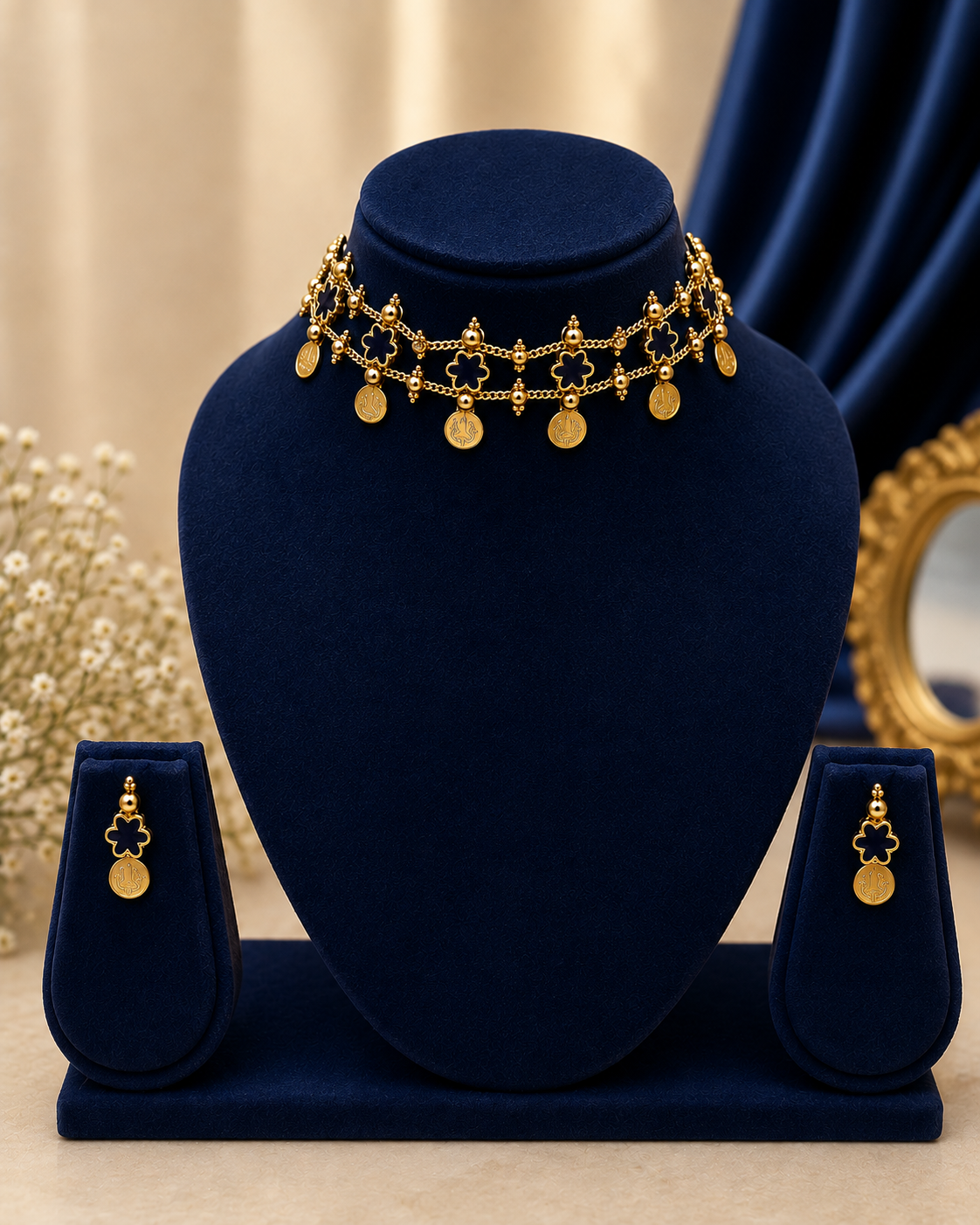 Gold Double-Strand Choker Necklace Set with  Floral Meenakari & Coin Drops | ONK202