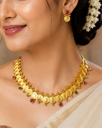 Lakshmi Kaasu Necklace & Earrings - Gold-Finish Temple Coin Necklace Set | OLDZN17
