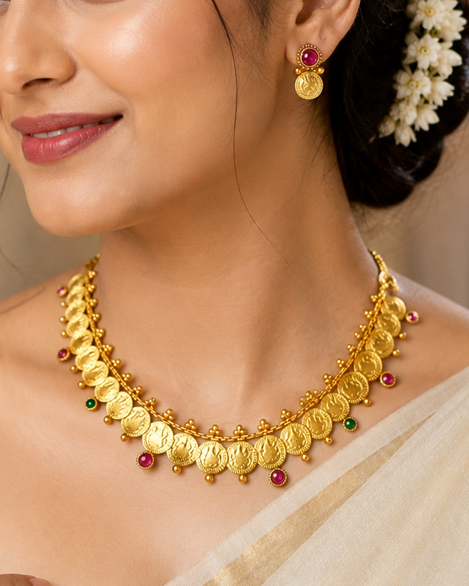 Lakshmi Kaasu Necklace & Earrings - Gold-Finish Temple Coin Necklace Set | OLDZN17