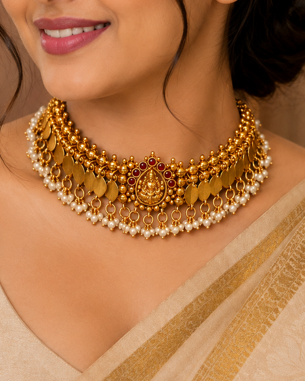 A woman wearing an ornate gold and white pearl traditional Indian choker necklace with a red central accent, paired with a beige saree.