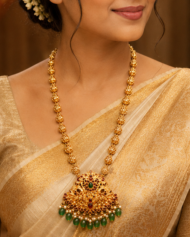 A woman wearing a traditional Indian saree in beige and gold, styled with a large gold necklace featuring a prominent gold and green pendant, set against a warm, ornate background.