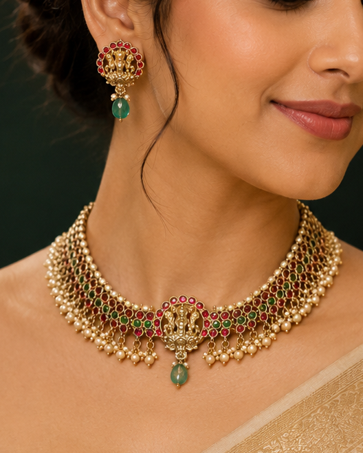 A woman wearing an ornate gold-toned traditional necklace with green and red stone accents, matching earrings, and a beige sari against a dark background with red drapery.