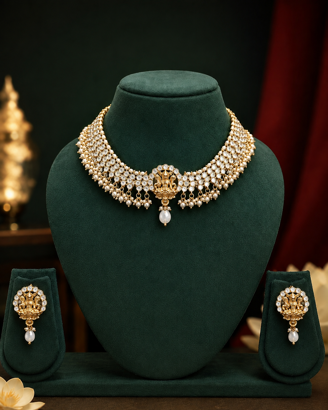 Antique Gold Goddess Lakshmi Ruby Emerald Kemp Mesh Choker Necklace Set | ONK88