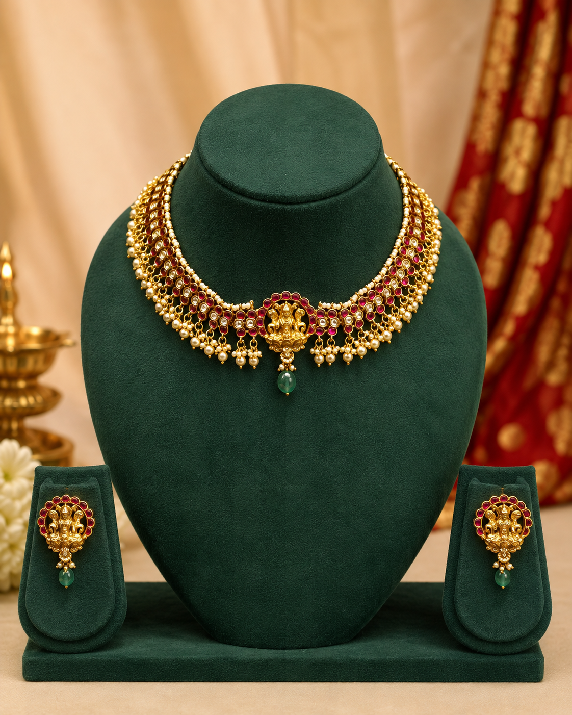 Antique Gold Goddess Lakshmi Ruby Emerald Kemp Mesh Choker Necklace Set | ONK88