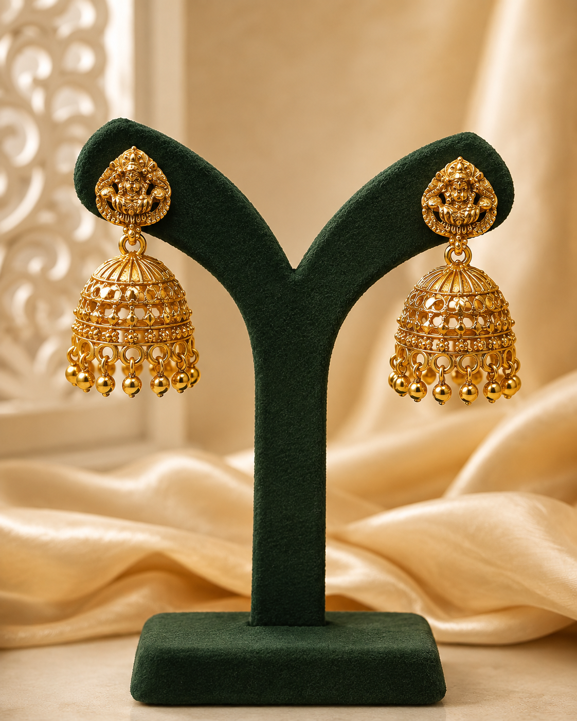 A pair of ornate gold jhumka earrings displayed on a dark green velvet jewelry stand against a warm beige draped fabric background.