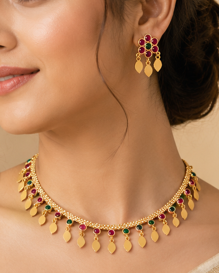 Antique Gold Leaf Fringe Choker Necklace Set with Ruby & Emerald | ONK112