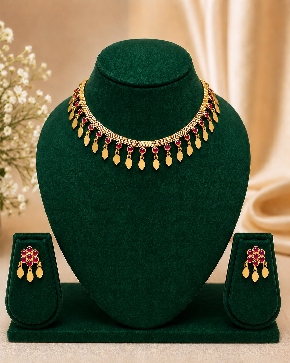 Antique Gold Leaf Fringe Choker Necklace Set with Ruby & Emerald | ONK112