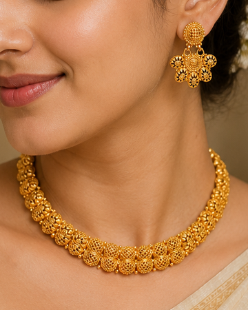 Antique Gold Filigree Ball Choker Necklace Set with Floral Earrings | OLT10