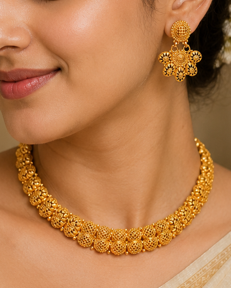 Antique Gold Filigree Ball Choker Necklace Set with Floral Earrings | OLT10