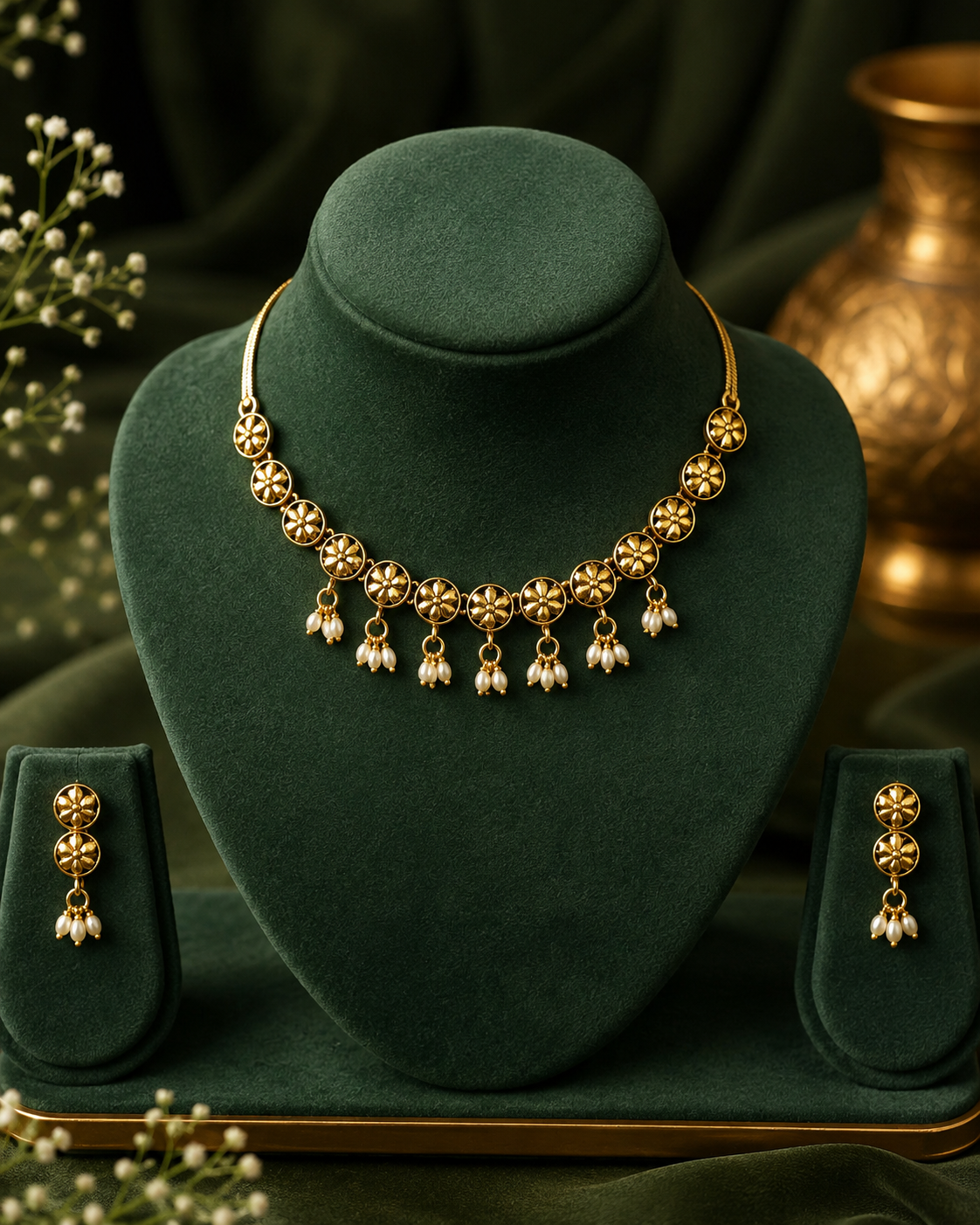 Gold-toned jewelry set displayed on a dark green velvet bust, including a necklace with floral motifs and dangling pearl-like drops, matching drop earrings, and a small tray, against a dark green draped background with a blurred brass vessel.