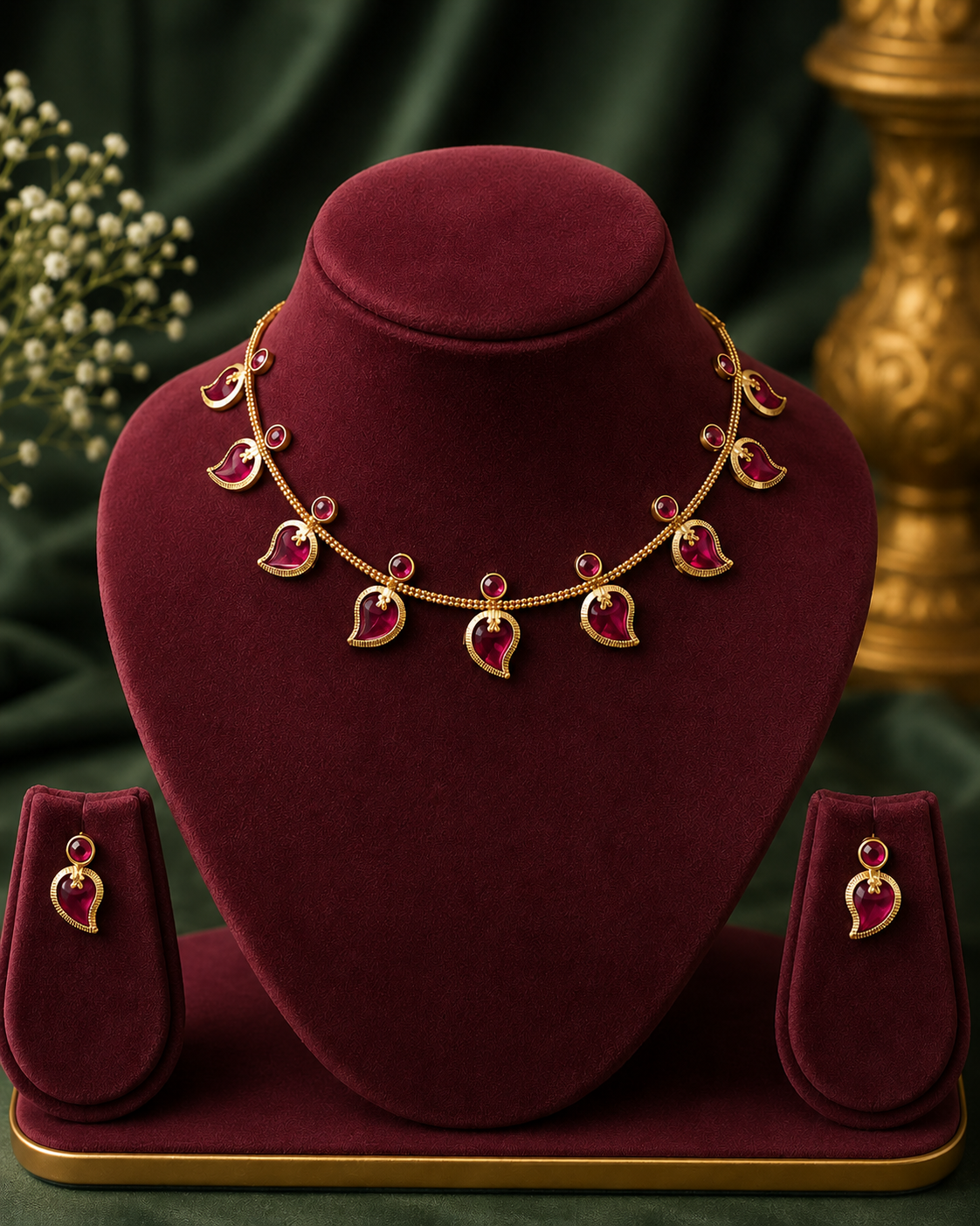 Antique Gold Emerald Green Paisley Choker Necklace Set with Drop Earrings | OLT7