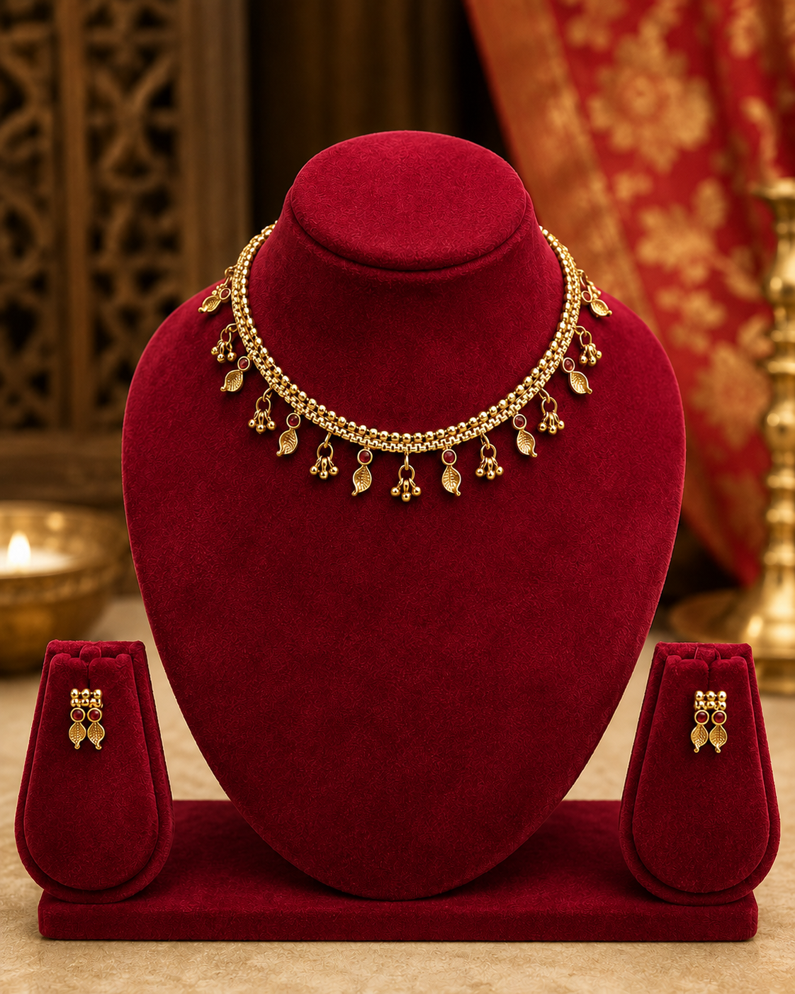 Antique Gold Leaf & Bead Fringe Choker Necklace Set with Kemp Earrings | OLT8