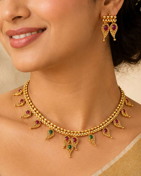 A woman wearing a gold-toned traditional necklace with green and red stone accents, matching earrings, and a dark green embroidered blouse with a beige sari, posed against a warm decorative background.