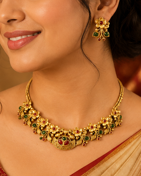 A woman wearing a traditional Indian outfit with a beige and red saree, gold zari embroidery, a matching gold necklace, and gold earrings. She is posed in front of a warm, golden background with red drapery and a lit candelabra.