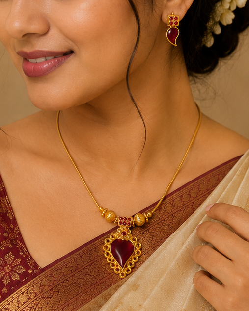 A woman wearing a traditional Indian sari with a deep red and gold patterned blouse and a cream-colored sari with a gold border, accessorized with a gold necklace and earrings featuring red stones.