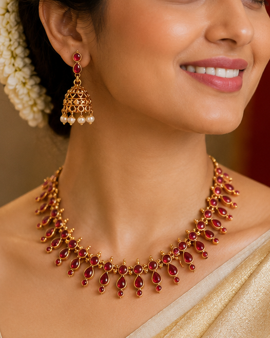 A woman wearing a gold-toned traditional necklace with red stones, matching earrings, a white floral hair accessory, and a beige saree in an ornate indoor setting.
