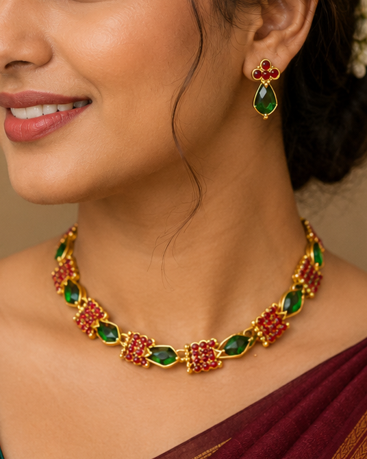 Antique Gold Ruby Coral & Emerald Leaf Choker Necklace Set | ONK111