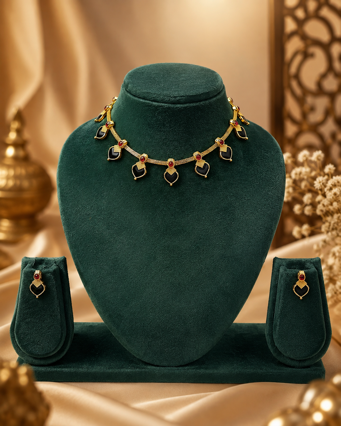Gold Ruby & Emerald Teardrop Fringe Necklace Set with Drop Earrings | L14010