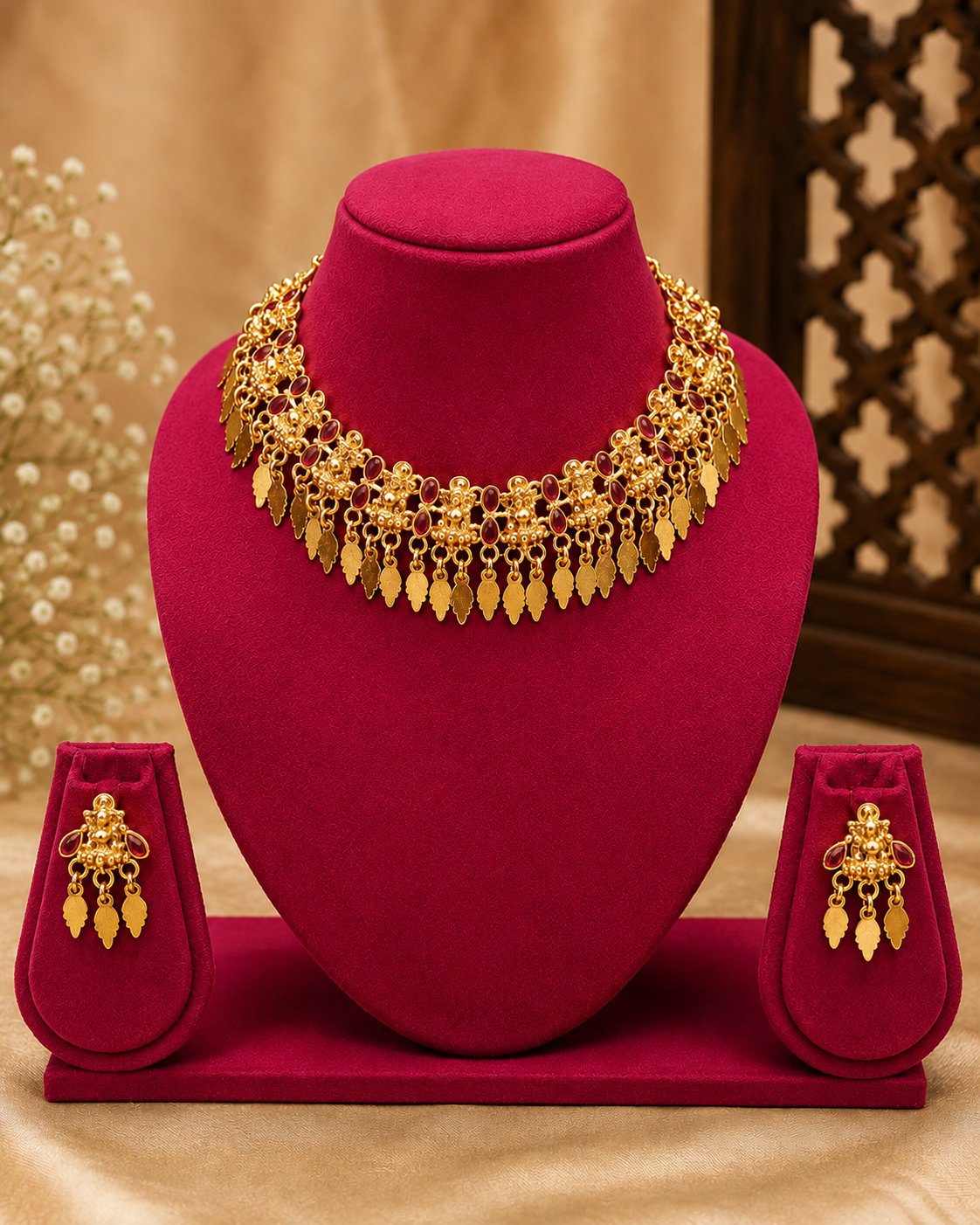 Lakshmi Devi Antique Gold Granule Floral Elakkathali Choker Necklace Set with Ruby Emerald Kemp & Leaf Drop Earrings  | OG11