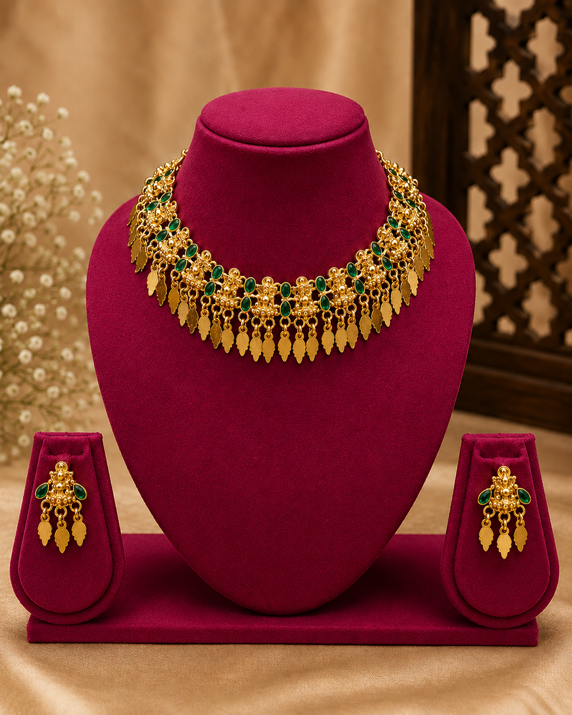 Lakshmi Devi Antique Gold Granule Floral Elakkathali Choker Necklace Set with Ruby Emerald Kemp & Leaf Drop Earrings  | OG11