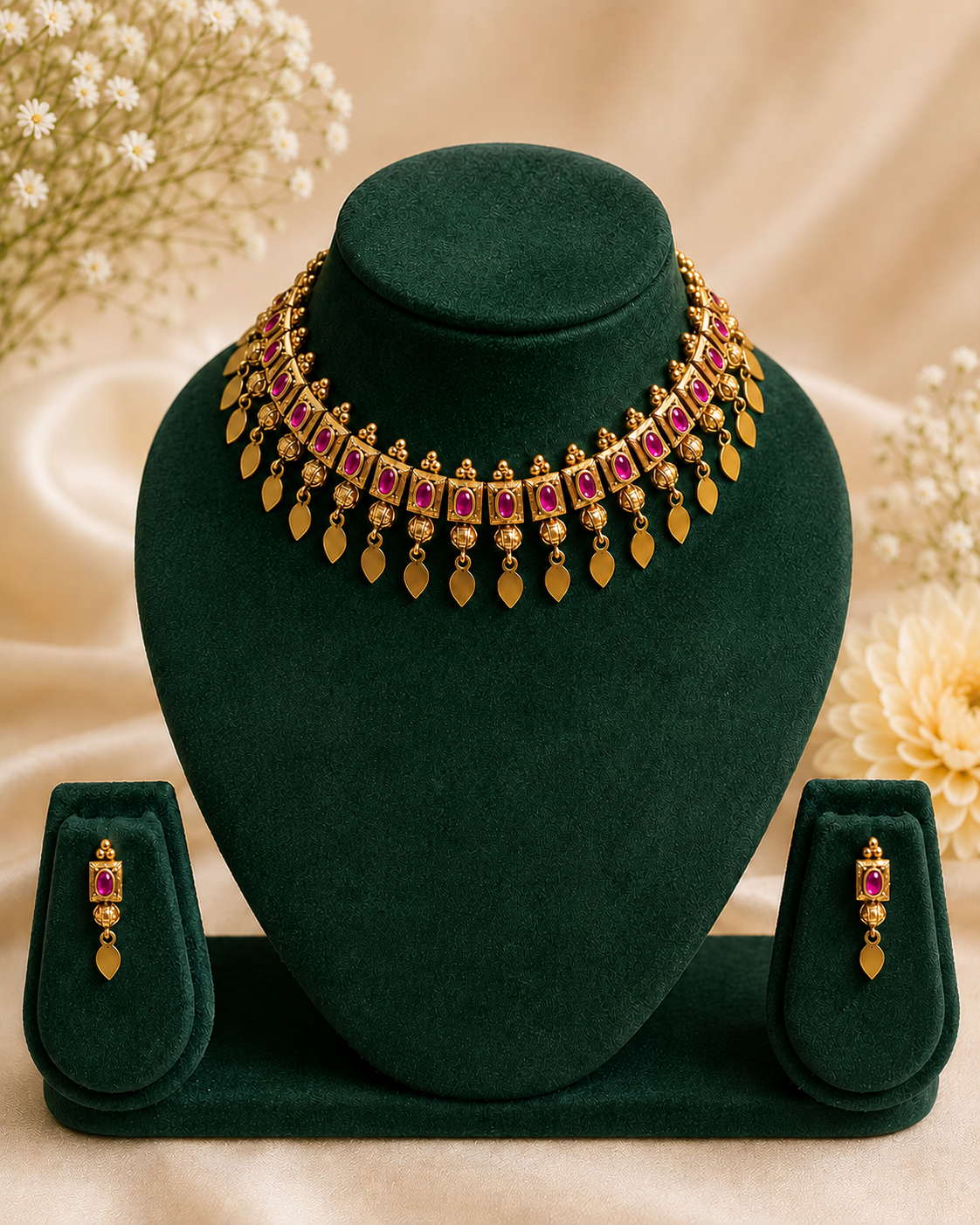 Antique Gold Rectangular Kemp Stone Elakkathali Choker Necklace Set with Leaf Drop Earrings | ONK124