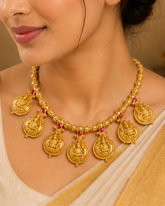 Antique Gold Lakshmi Temple Coin Necklace Emerald Set | ONK170